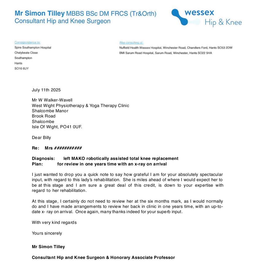 Letter from a surgeon stating their pateint has gotten better affter attending treatment in West Wight Physiotherapy